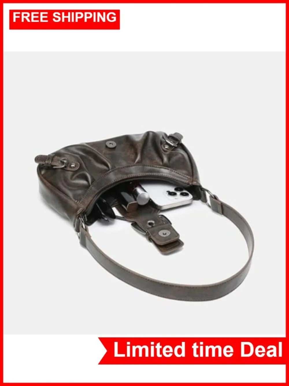 Y2K Faux Leather Hobo Bag, Punk Shoulder Purse with Metal Buckle
